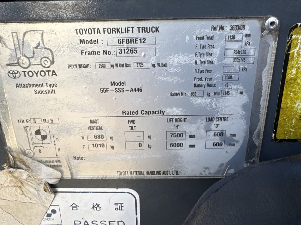 2008 Toyota 6FBRE12 1.2T Electric Reach Truck – 7.5m Standard Mast, Side Shift